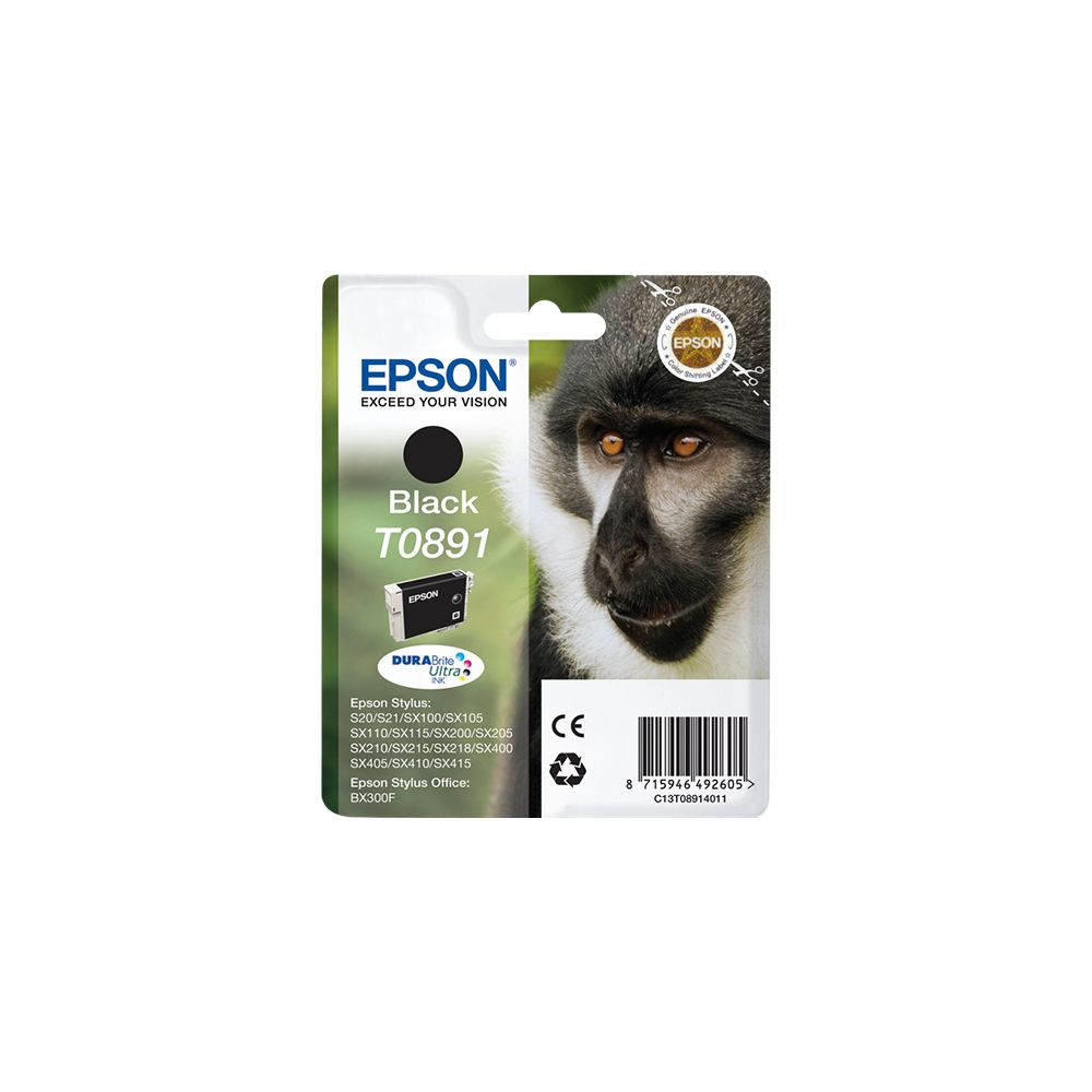 Epson T0891 schwarze Tinte Patrone mit Affengesicht und Produktinformationen.