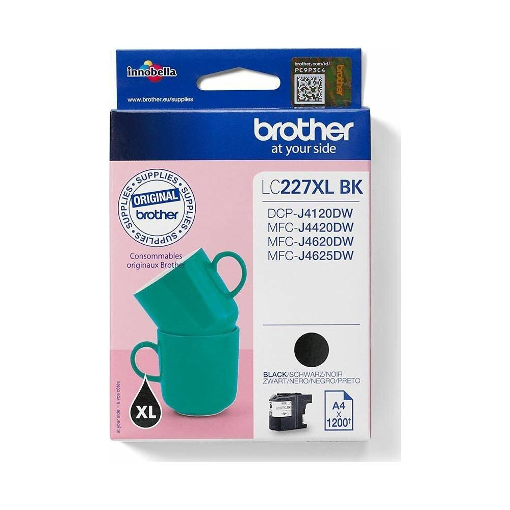 Pudełko na tusz Brother LC227XL BK z dwoma zielonymi kubkami.