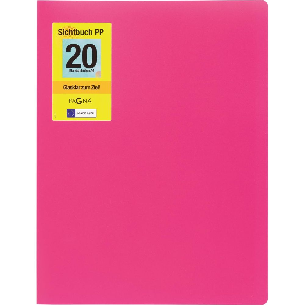 Różowy segregator z żółtą naklejką z cyfrą 20 i tekstem.