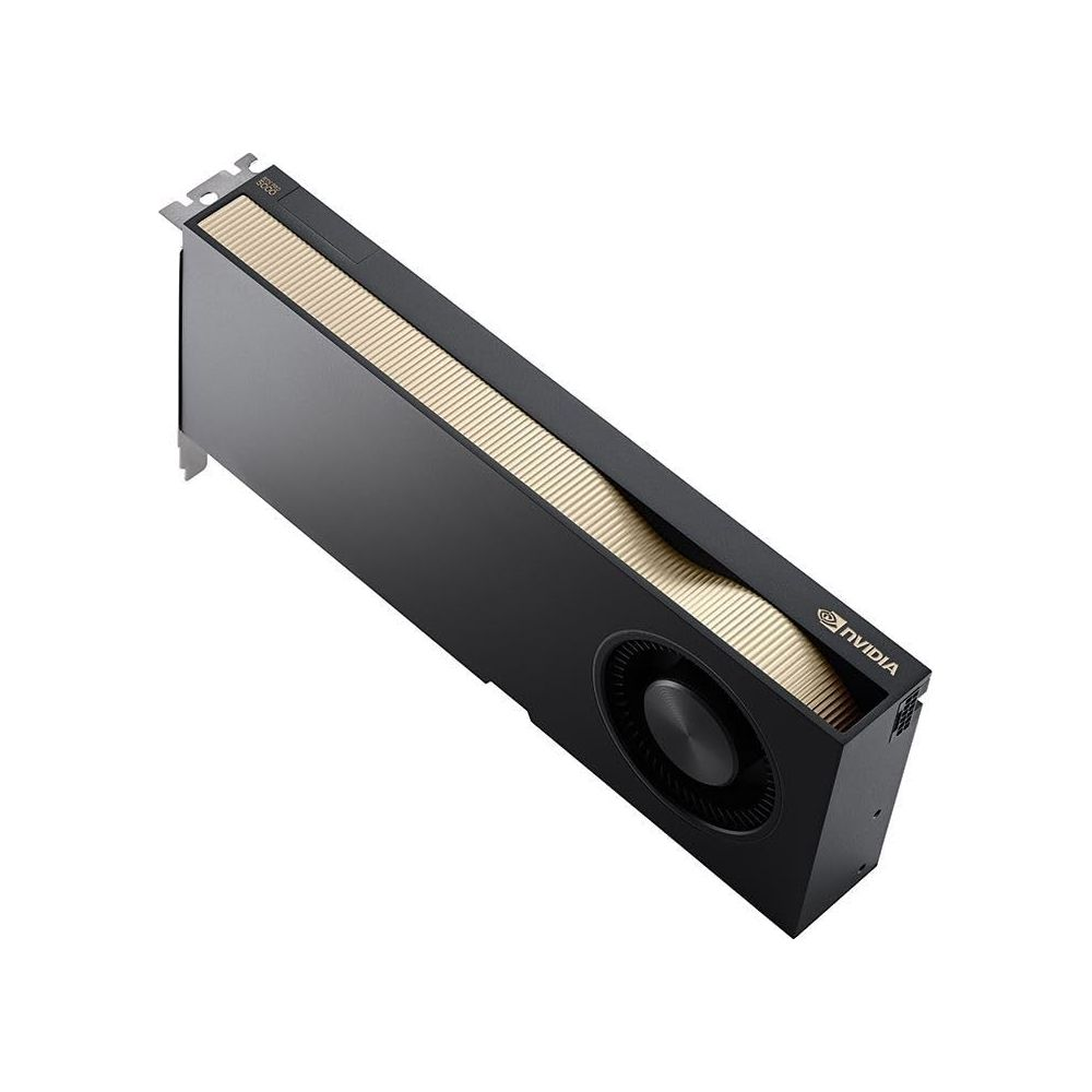 Schwarze Nvidia Grafikkarte mit goldenen Akzenten und Lüfter.