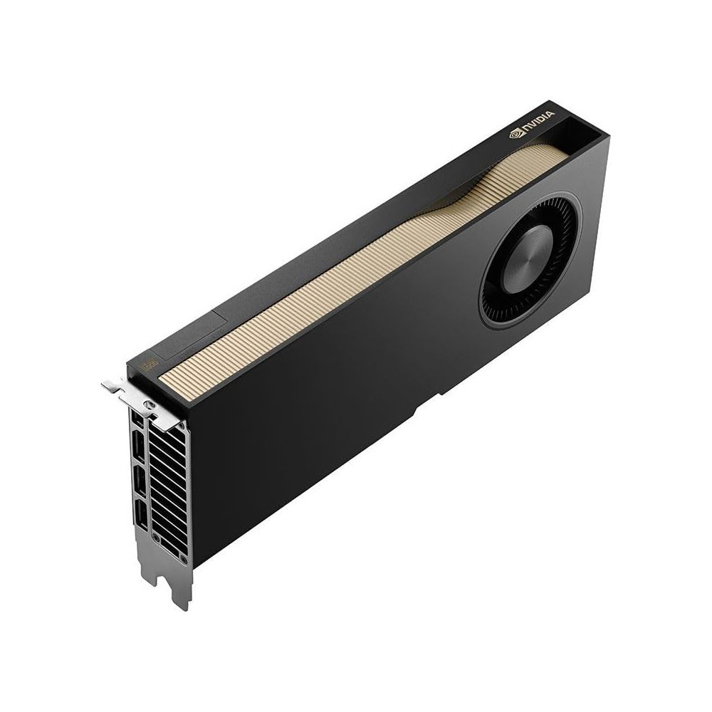Schwarze NVIDIA Grafikkarte mit goldenen Rippen und Lüfter.