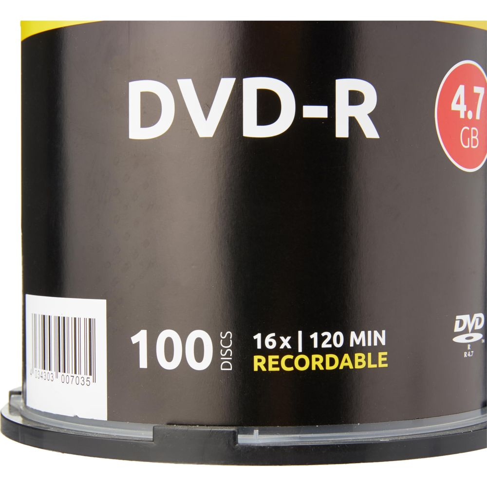 100 dischi DVD-R, 4.7 GB, 16x velocità, 120 min registrabile.