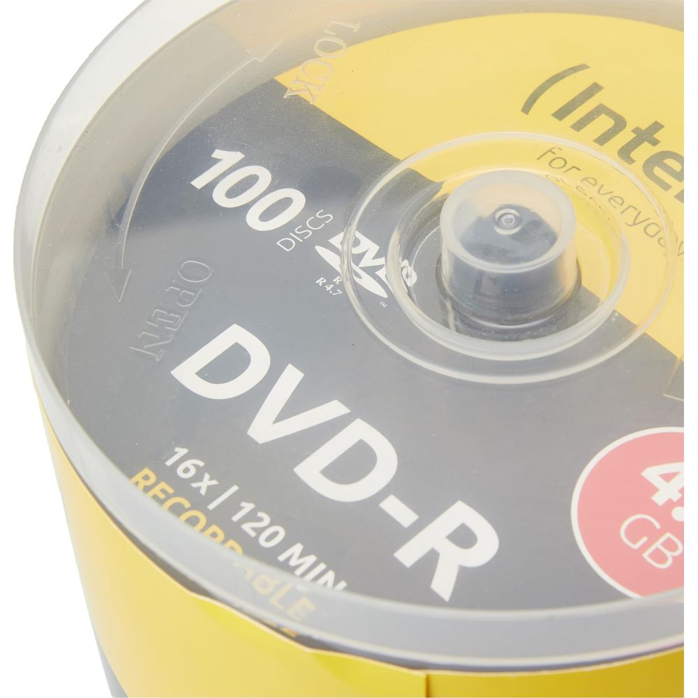 Un mandrino da 100 dischi DVD-R, 16x, 120 min, 4,7 GB, in una custodia di plastica.