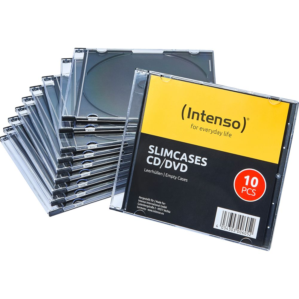 Ein Stapel von 10 Intenso CD/DVD Slimcases, Vorderseite mit gelbem und schwarzem Etikett.