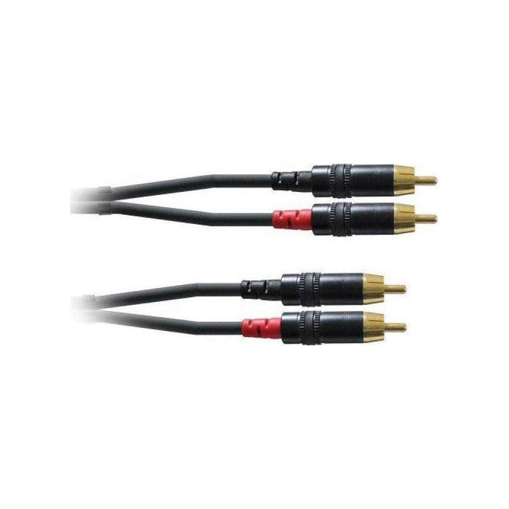 Zwei schwarze Audiokabel mit vergoldeten RCA-Steckern und roten Markierungen.