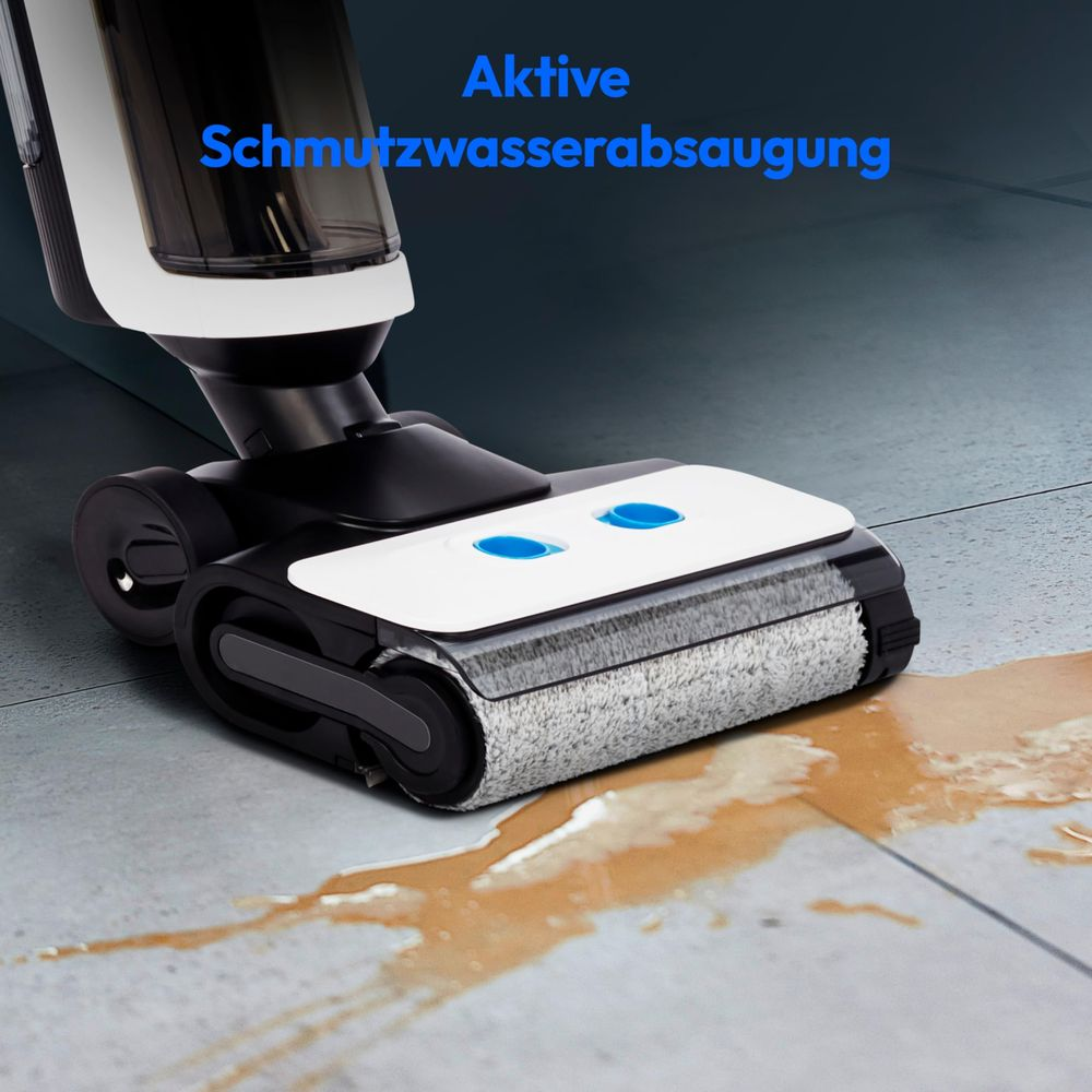 Een dweilstofzuiger met twee blauwe knoppen zuigt vuil water op.