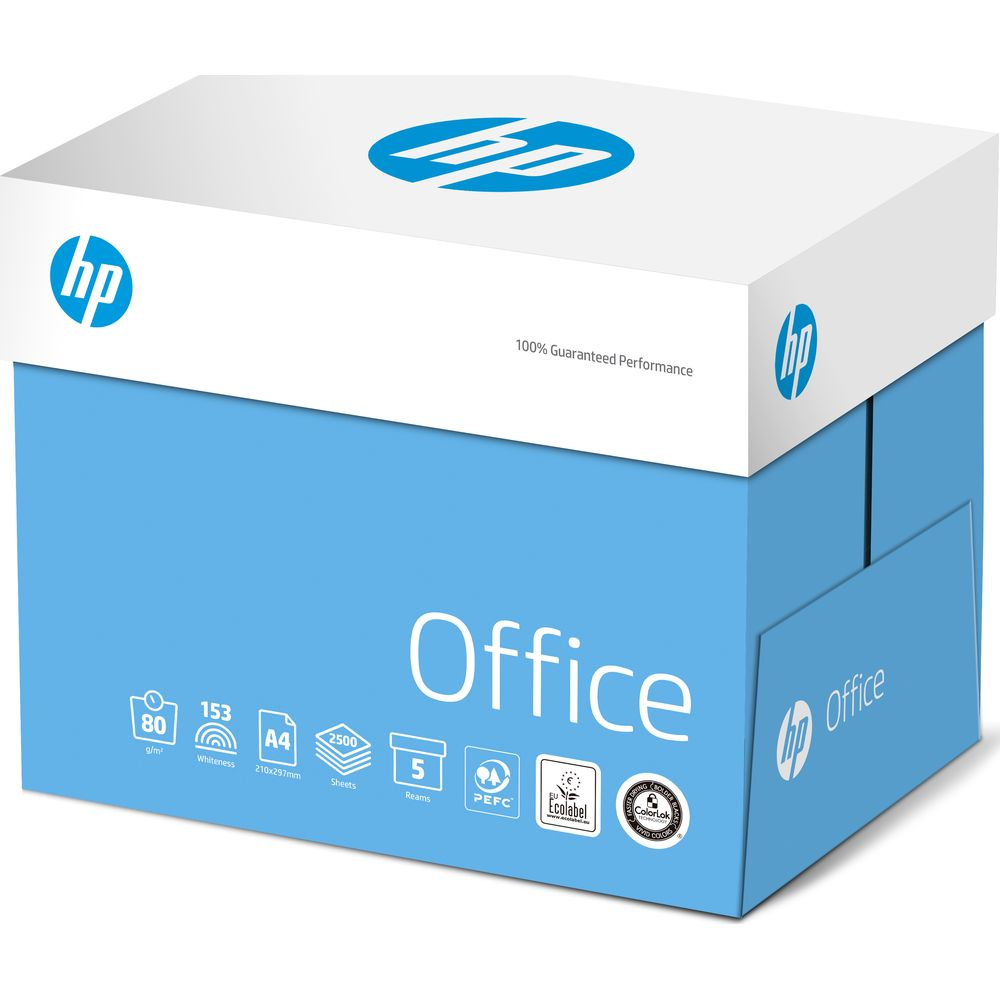 Una caja de papel HP Office, A4, 80 g/m², 2500 hojas, azul y blanco.