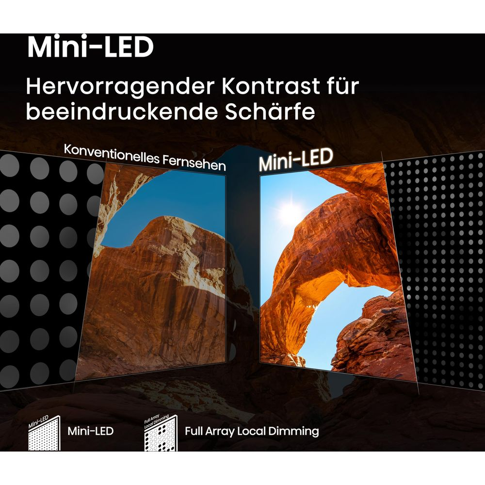 Porównanie telewizorów Mini-LED i konwencjonalnych z obrazami krajobrazów.