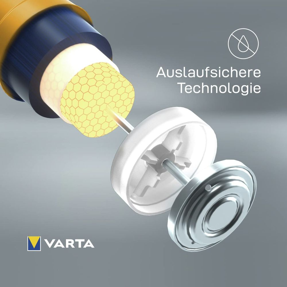 Close-up of Varta battery layers and text.