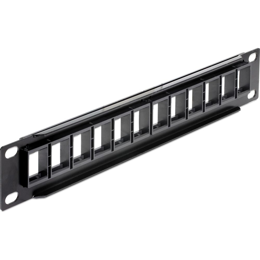 Ein schwarzes 1U-Patchpanel mit 12 leeren Steckplätzen für Netzwerkanschlüsse.