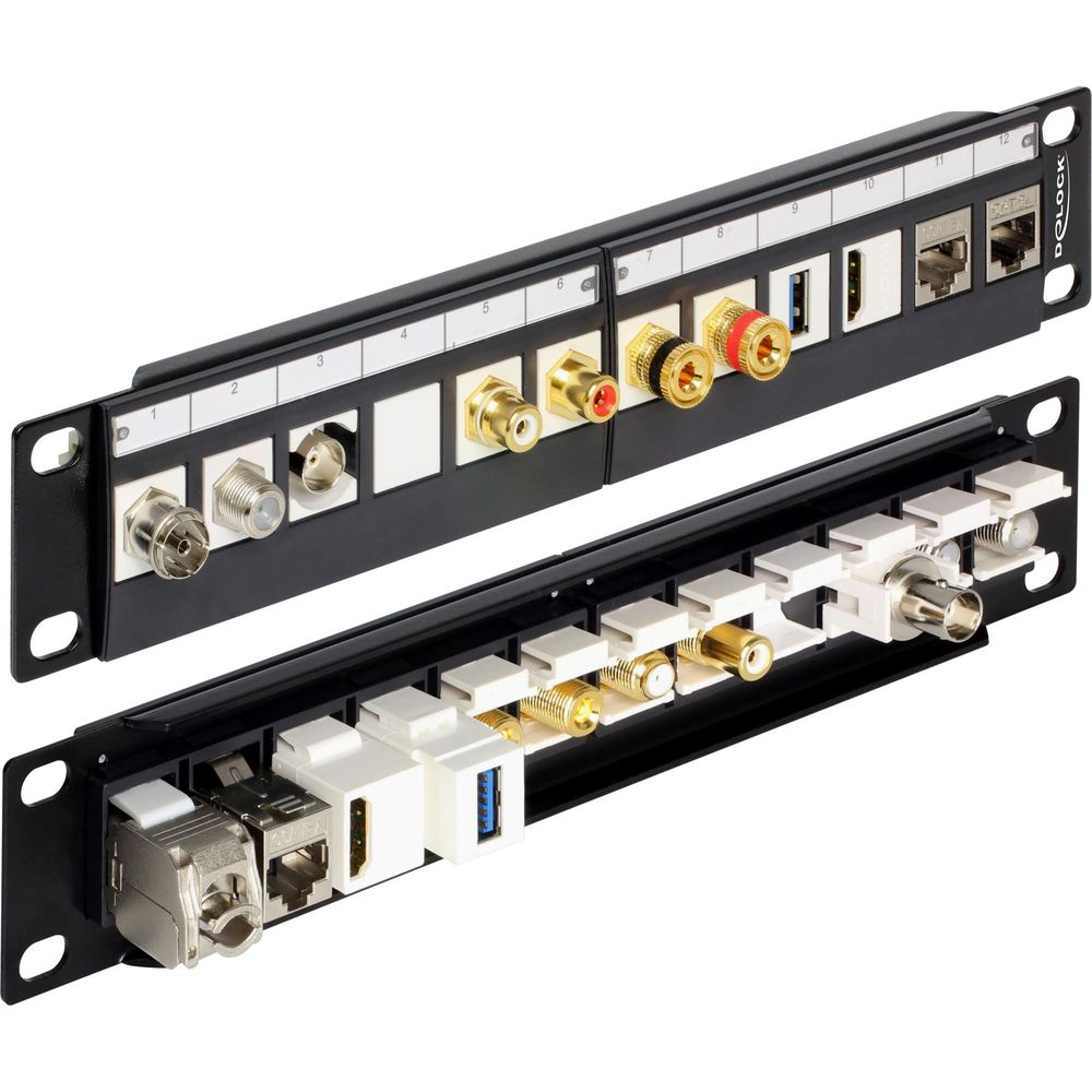 Zwei schwarze Patchpanels mit verschiedenen Anschlüssen wie koaxial, HDMI, USB und Ethernet.