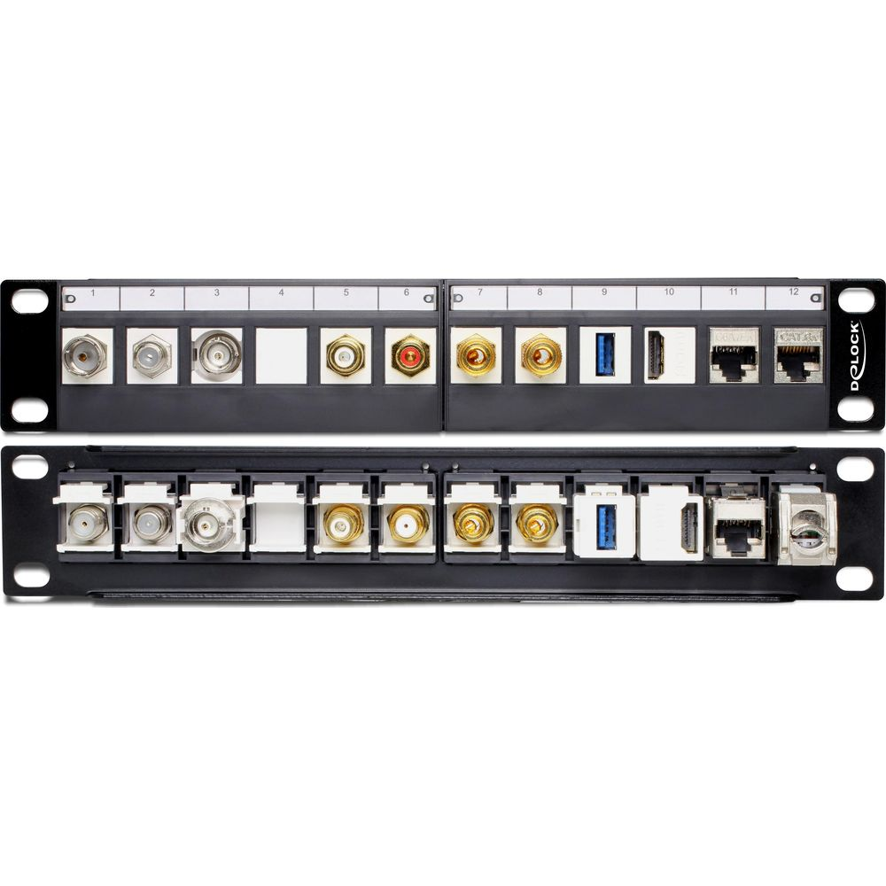 Ein schwarzer Rack-Panel mit 12 Anschlüssen, Koaxial- und Ethernet-Ports.