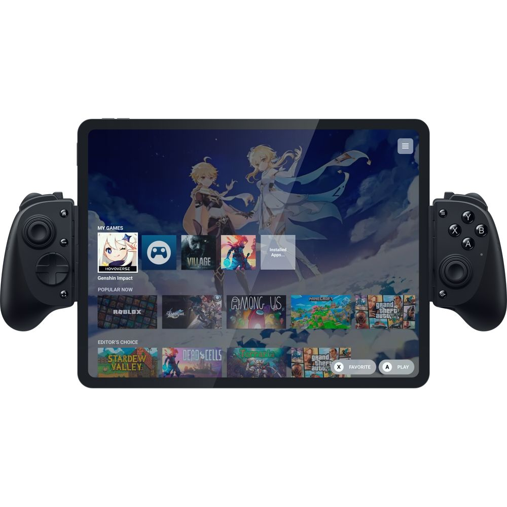 Ein Tablet mit Controller-Griffen zeigt Spiele wie Genshin Impact, Roblox, Among Us.