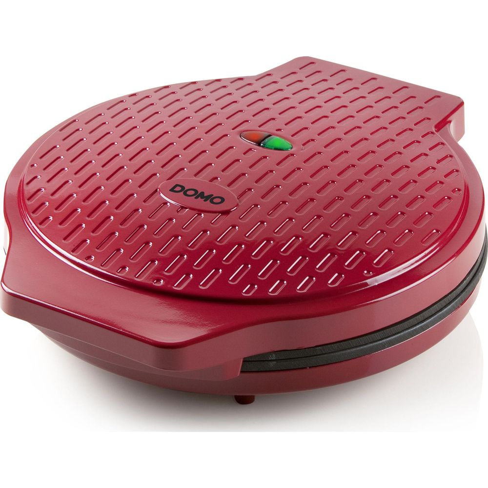 Máquina de gofres DOMO roja con superficie acanalada y dos luces.