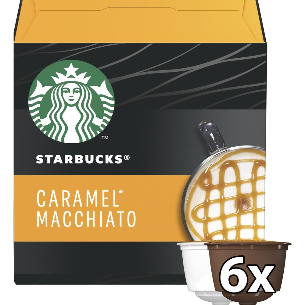 Capsule caffè Starbucks Caramel Macchiato con latte art e confezione da 6.