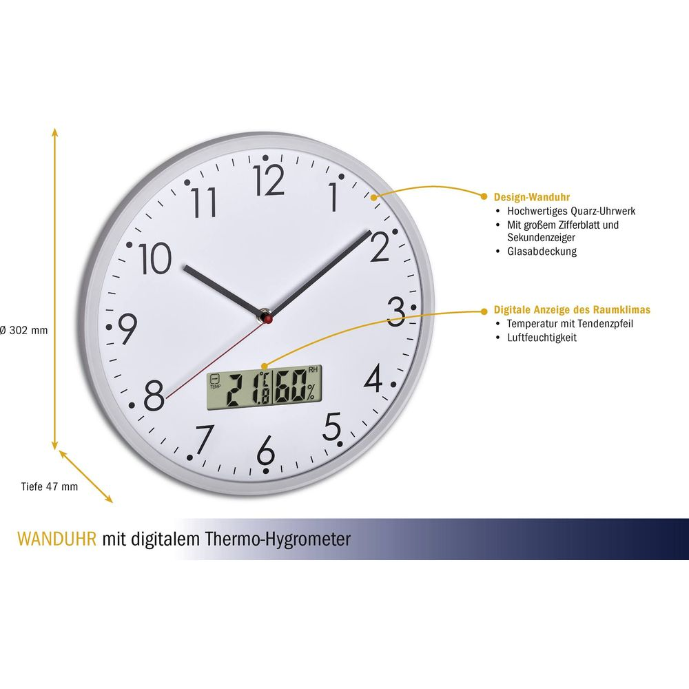 Eine runde Wanduhr mit weißem Zifferblatt, schwarzen Zeigern und digitaler Anzeige.