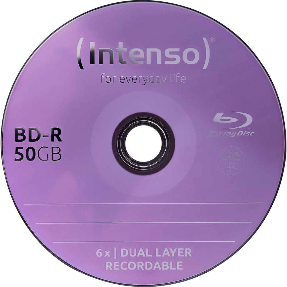 Disco Blu-ray viola con logo "Intenso", BD-R 50GB, Registrabile Dual Layer 6x.