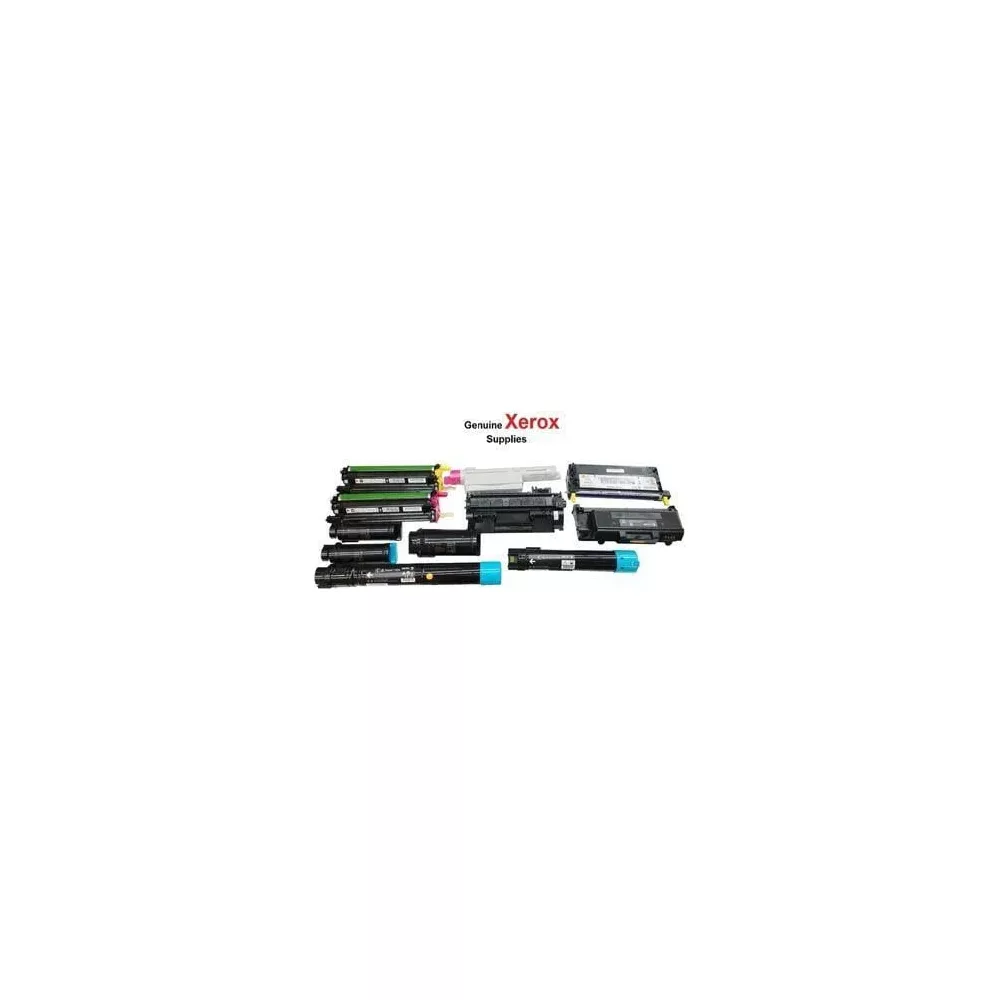 Diverse cartucce toner Xerox verdi, nere e blu su sfondo bianco.