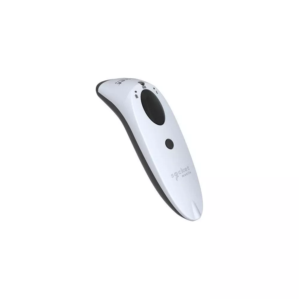 Uno scanner di codici a barre bianco con impugnatura nera e un pulsante grande.