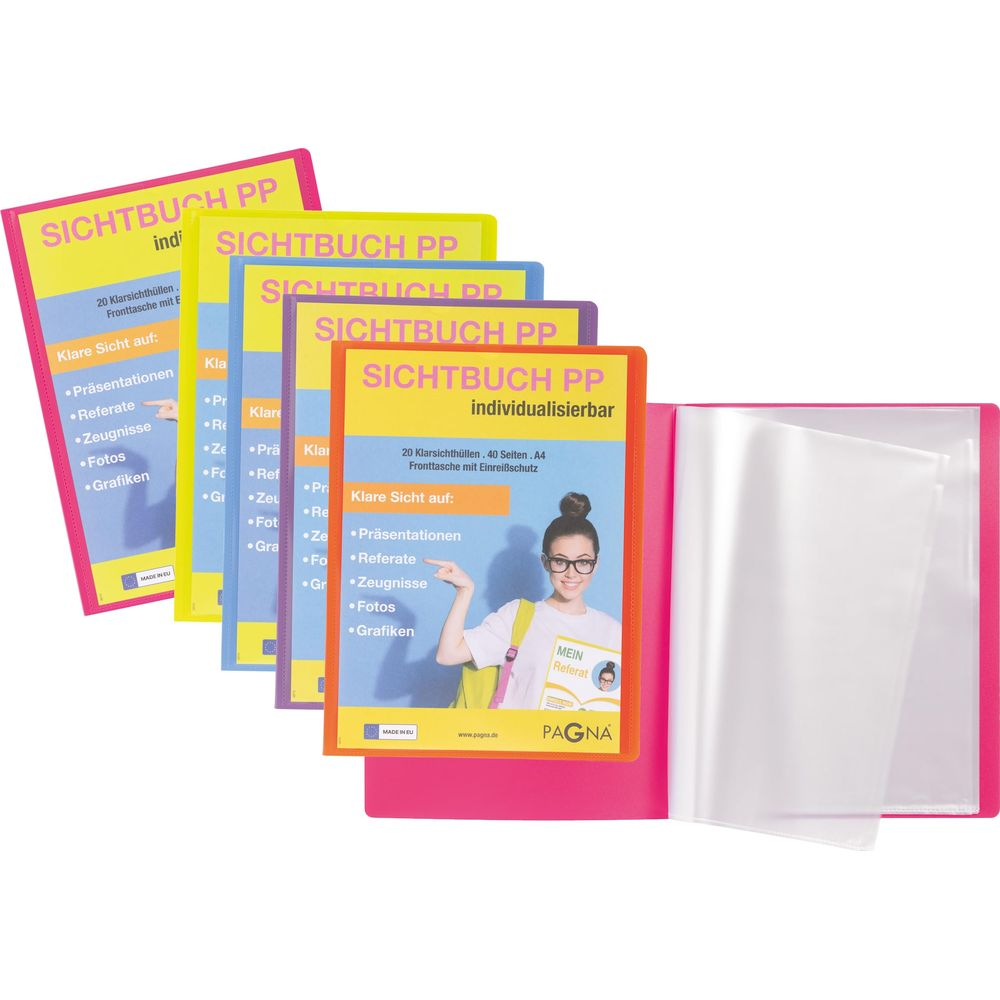 Różowy segregator zawierający kilka kolorowych segregatorów.