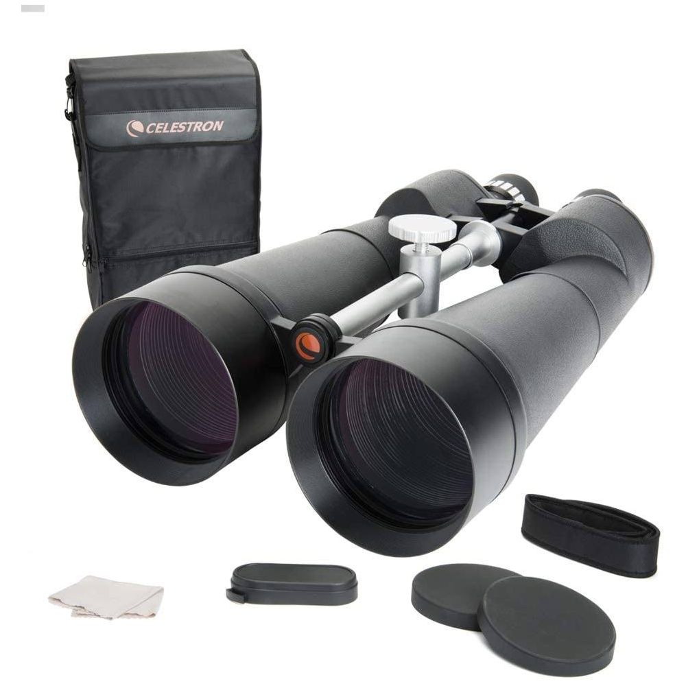 Grandes jumelles noires Celestron avec étui, capuchons d'objectif et chiffon.