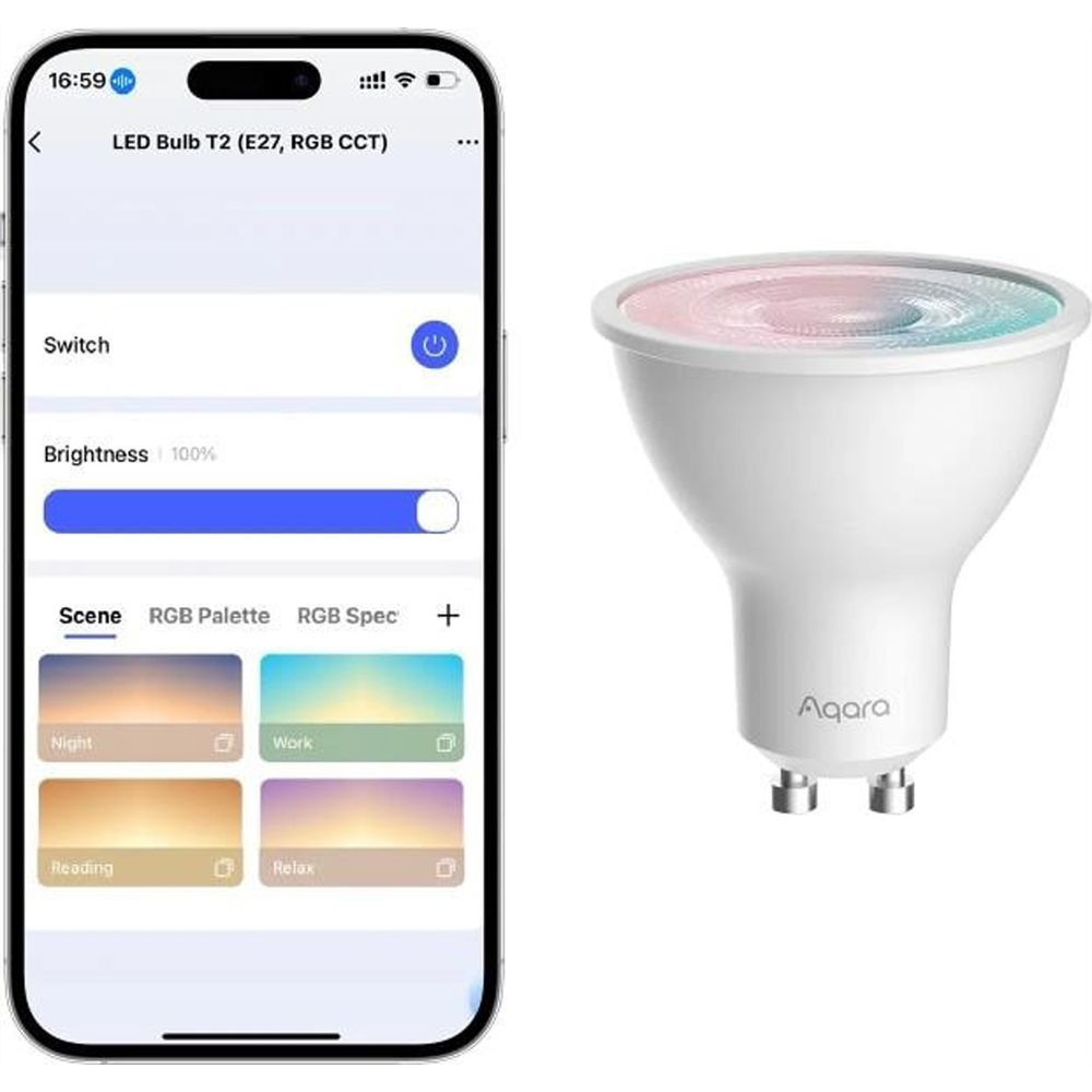 Bir akıllı telefon, ampulün yanında bir Aqara LED ampulü kontrol eden bir uygulama gösteriyor.