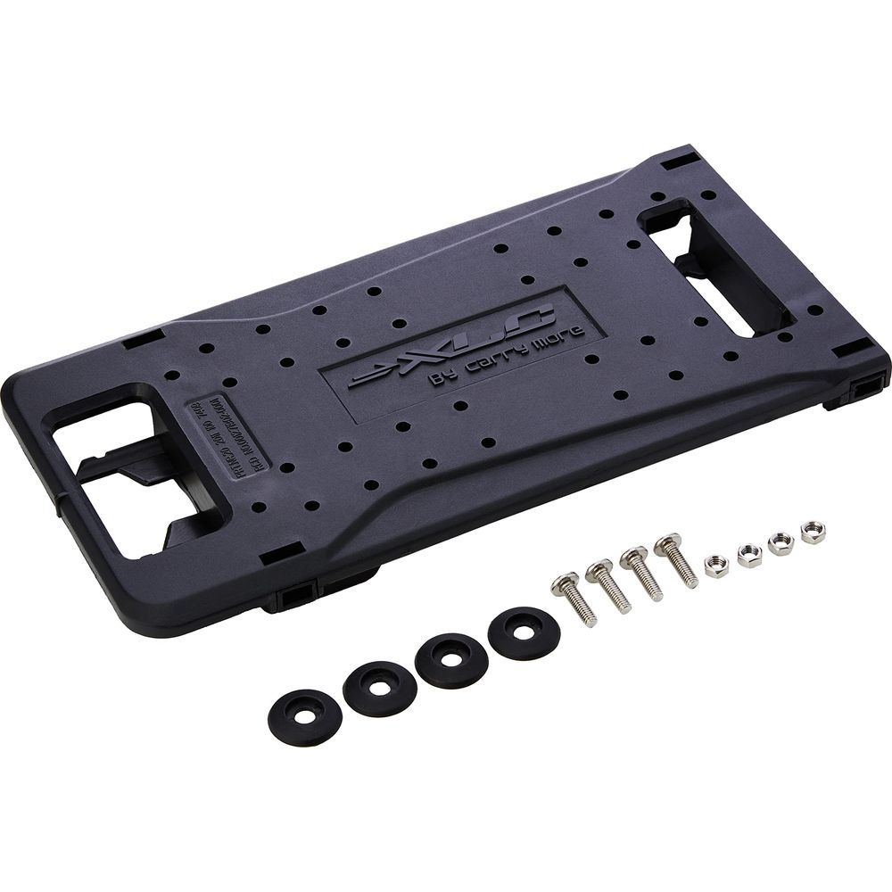 Czarny element bagażnika ze śrubami i podkładkami.