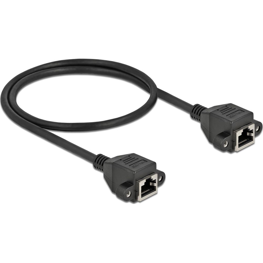 Cavo Ethernet nero con due connettori RJ45, su sfondo bianco.