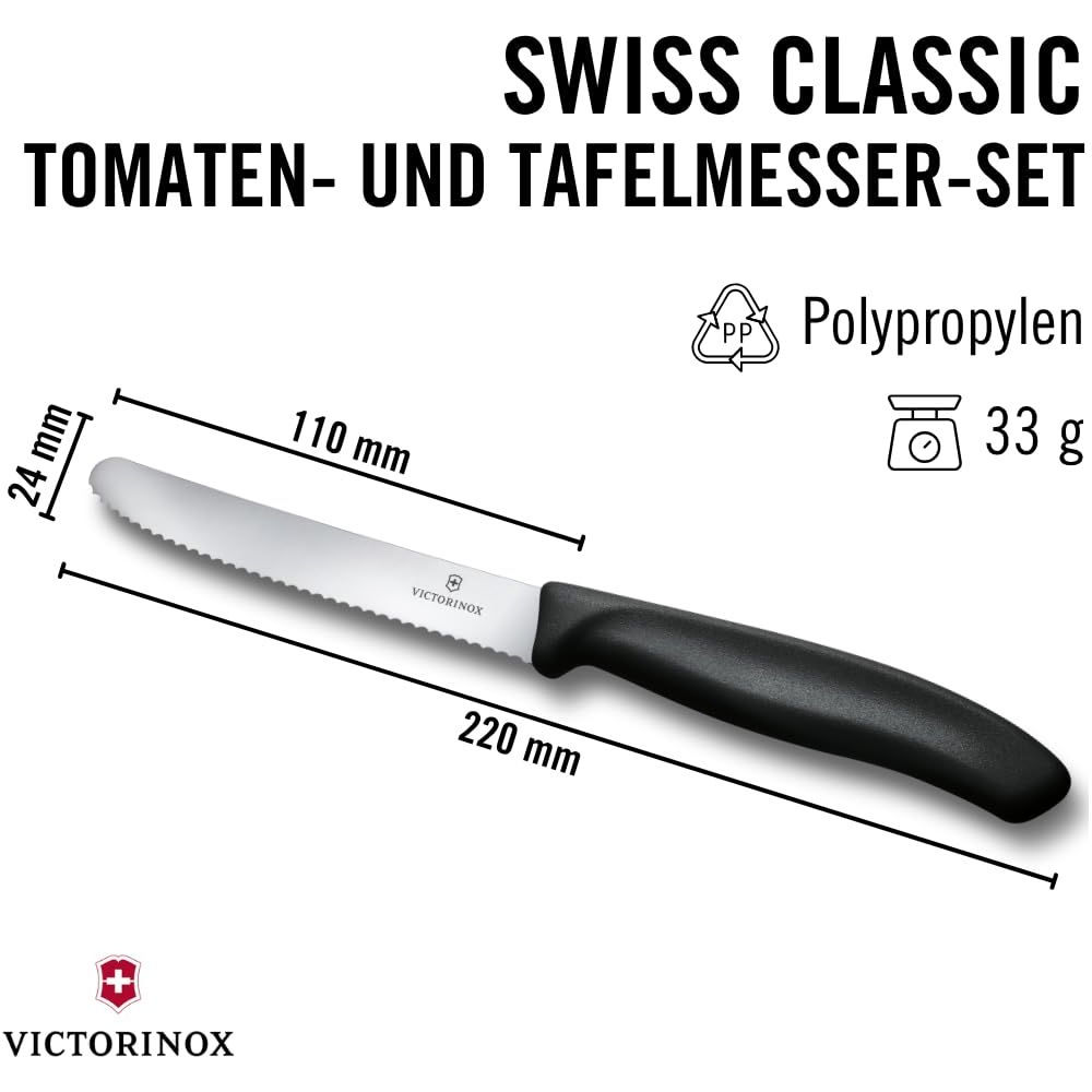 Ein Victorinox Tomatenmesser mit schwarzem Griff, 220mm lang, 110mm Klinge.