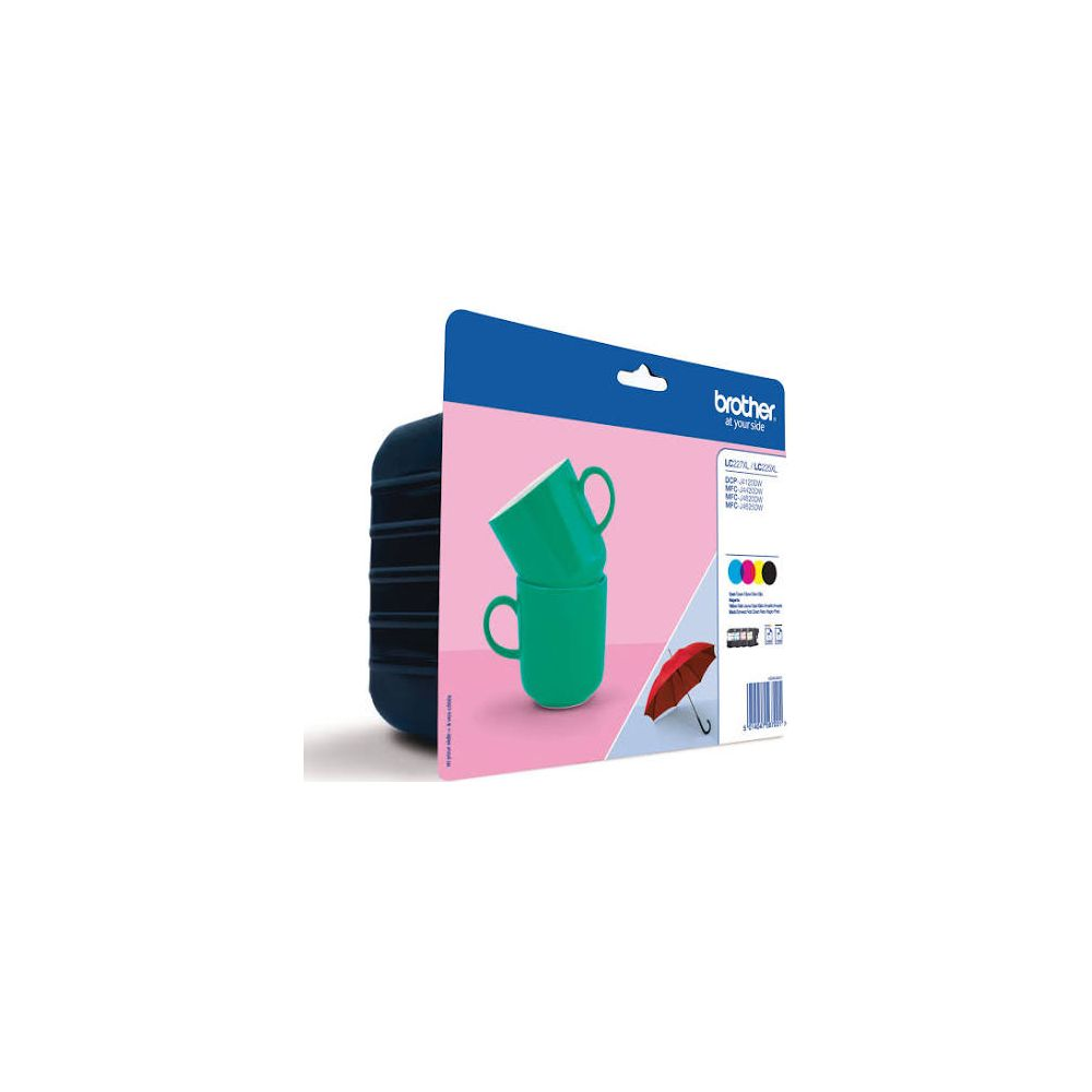 Twee groene mokken en een rode paraplu op roze en blauwe verpakking.