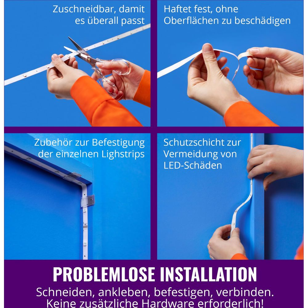 LED strip installation guide: Cutting, Sticking, Fastening.