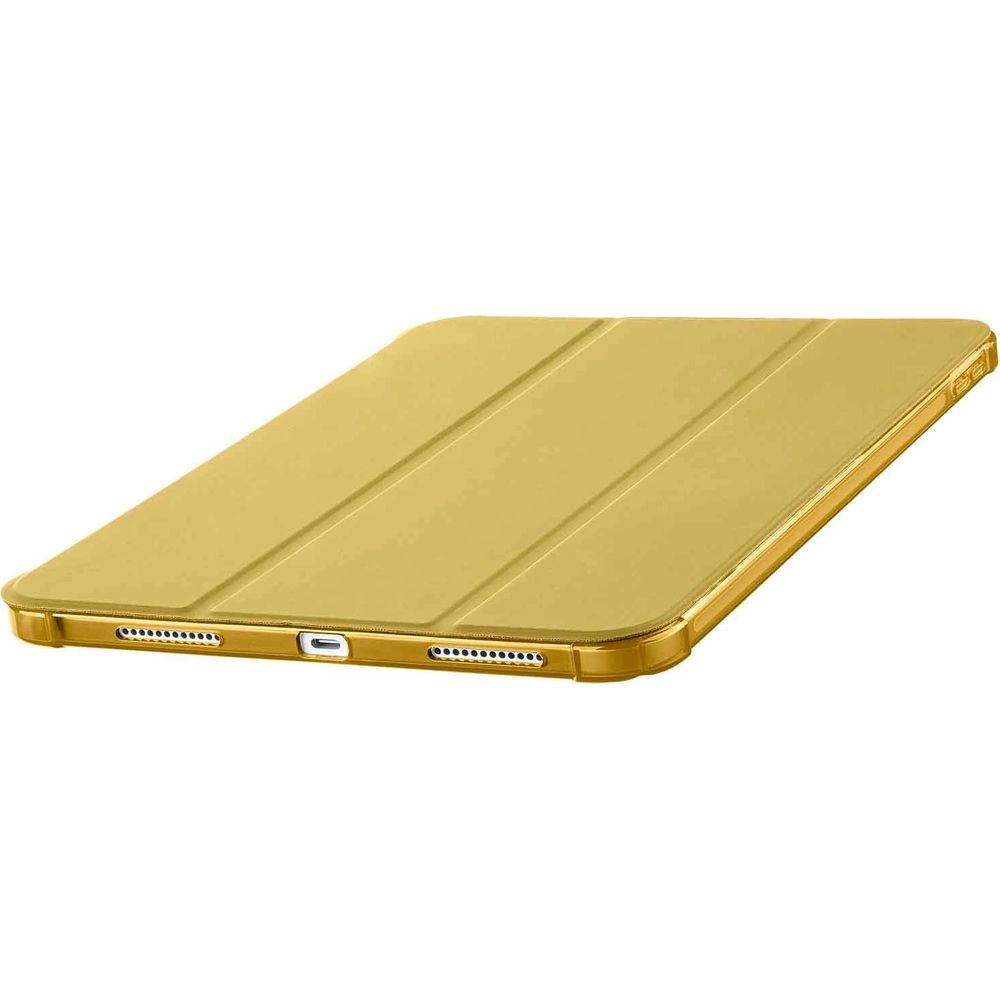 Étui doré pour tablette avec trois plis sur le dessus et port de charge.