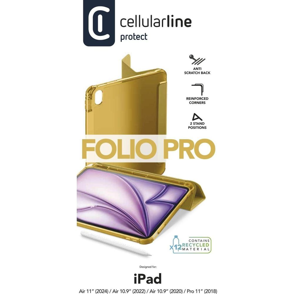 Étui doré Cellularline Folio Pro pour iPad avec stylet et icône recyclée.