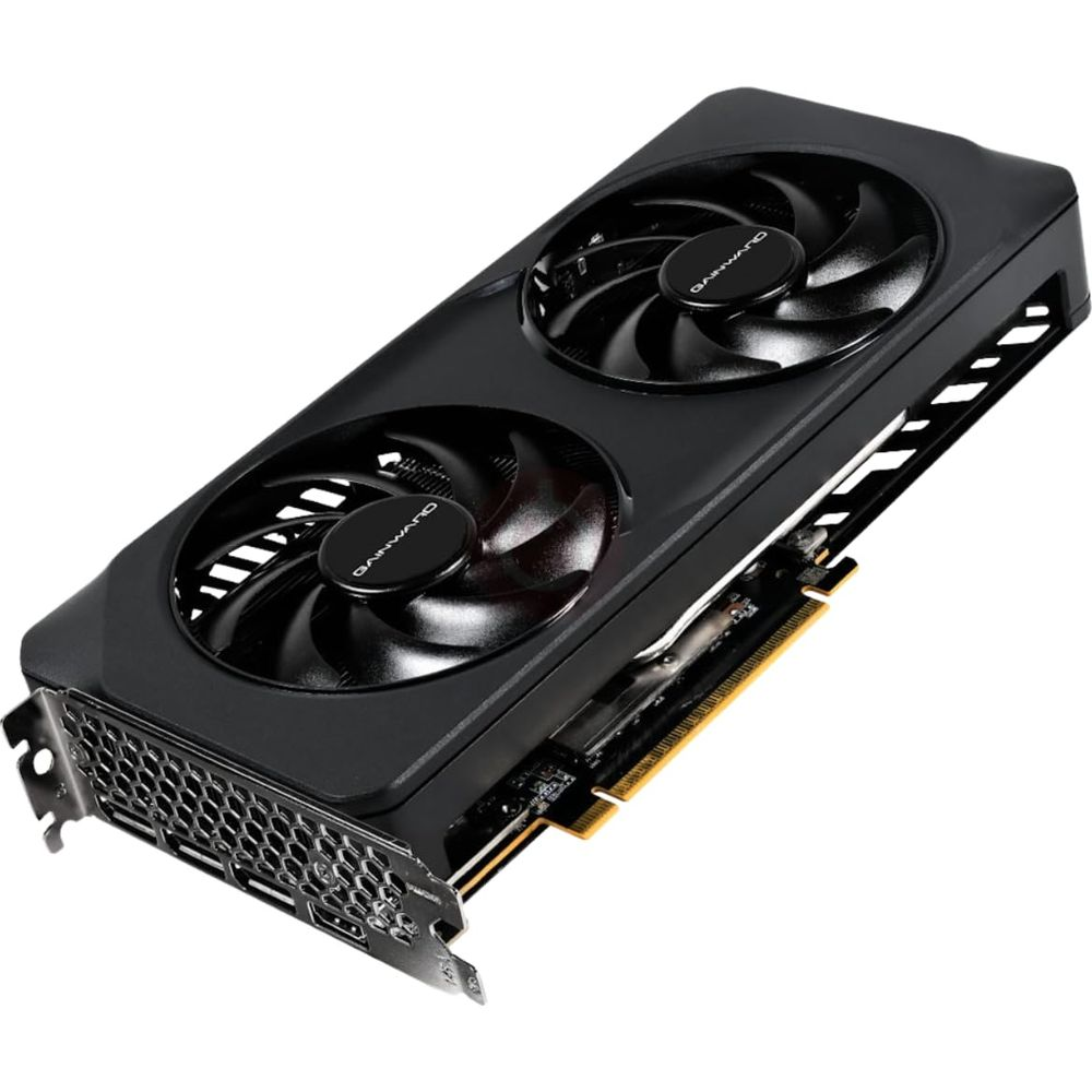 Tarjeta gráfica negra con dos ventiladores y conectores plateados.