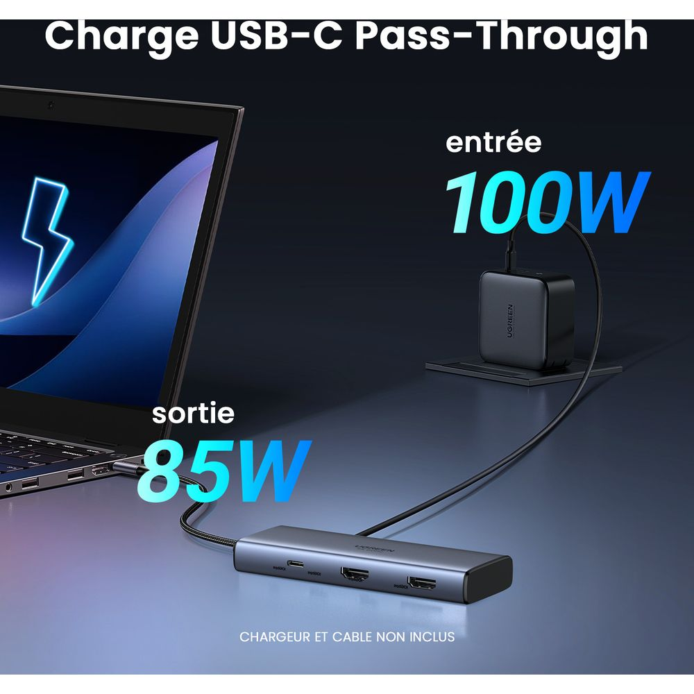Hub ładowania USB-C: 100W wejście, 85W wyjście. Laptop z błyskawicą.