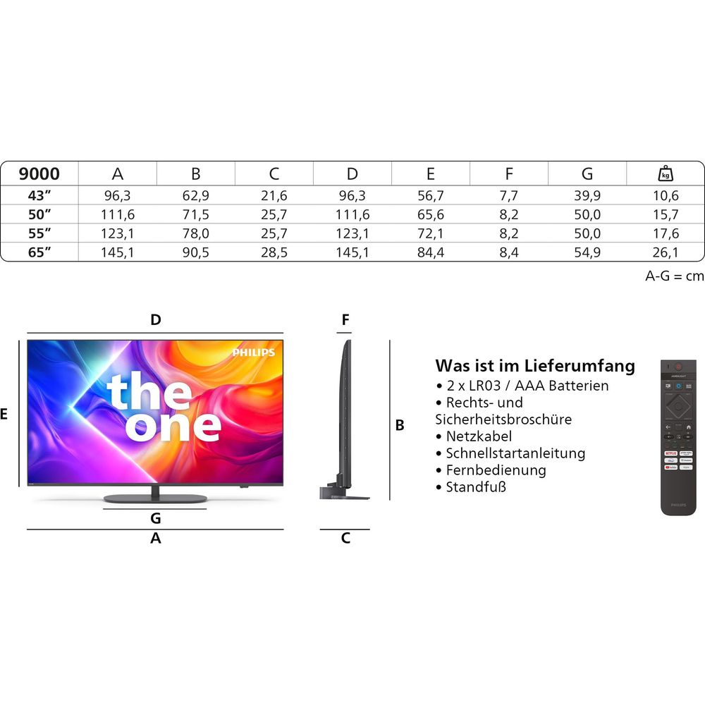 Wymiary techniczne i zawartość zestawu telewizora Philips.