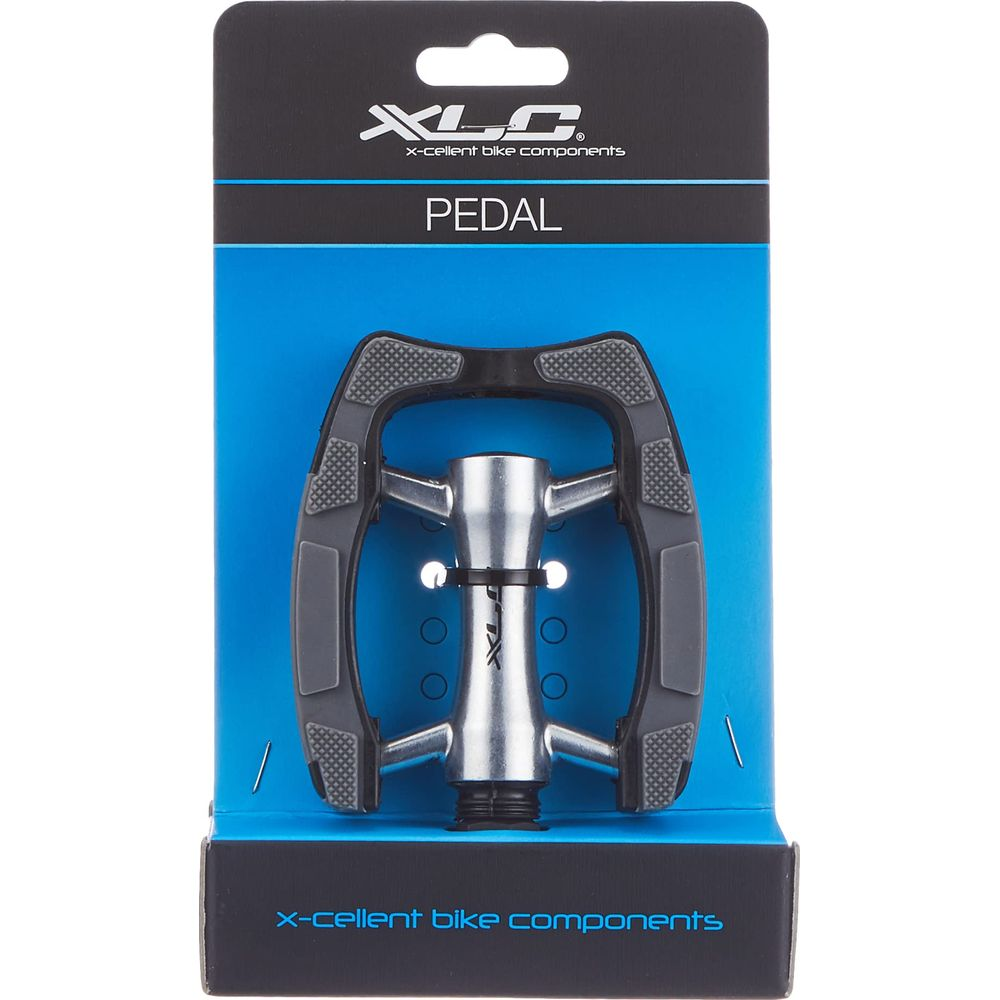 Czarny i srebrny pedał rowerowy w opakowaniu z logo XLC.