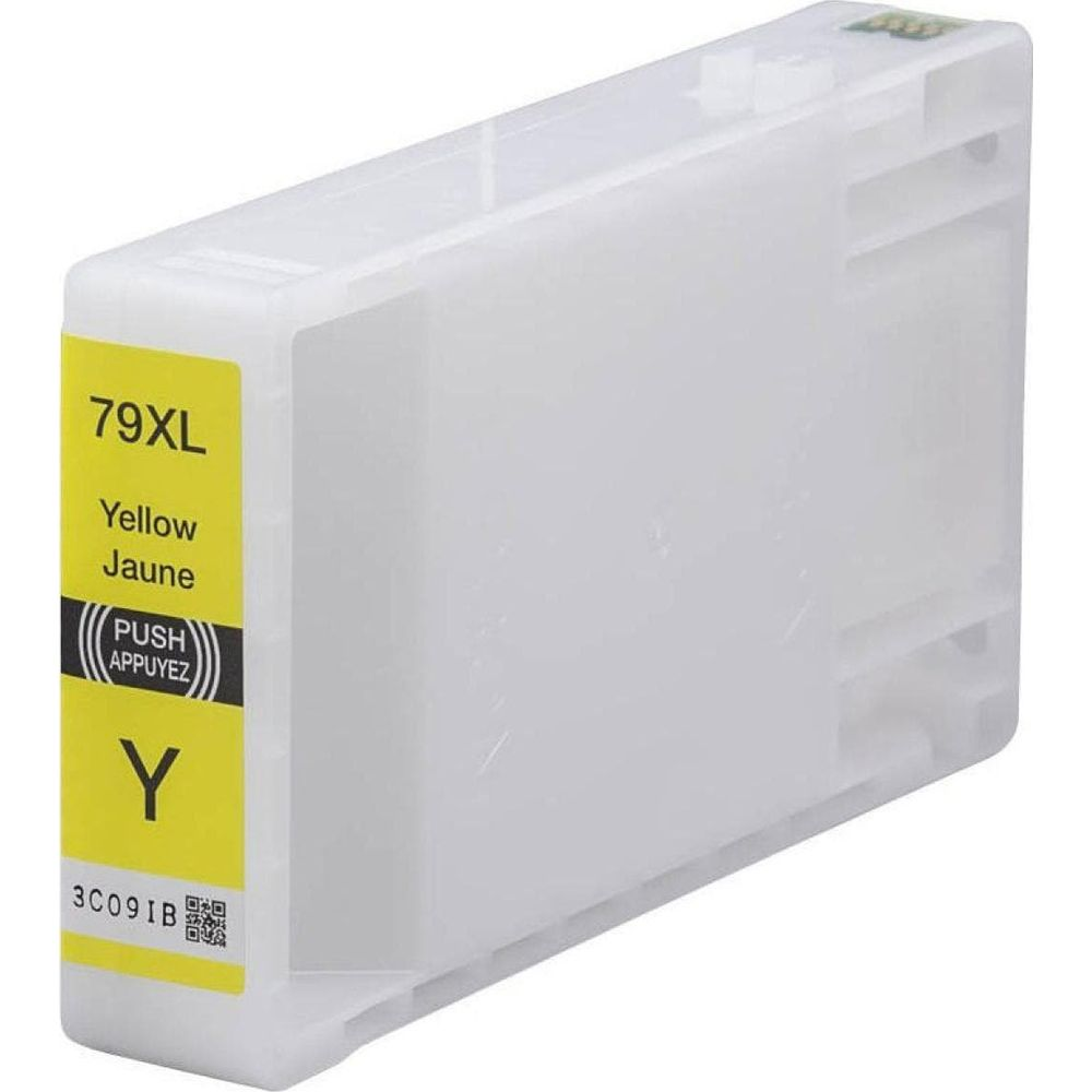 Żółty tusz 79XL z napisem "PUSH/APPUYEZ" i kodem QR.