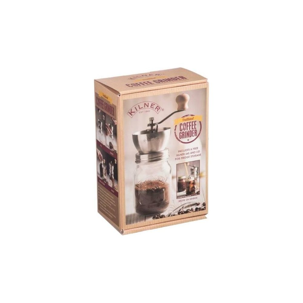 Kasten mit Kilner Kaffeemühle, Glasbehälter und Mahlwerk aus Metall.