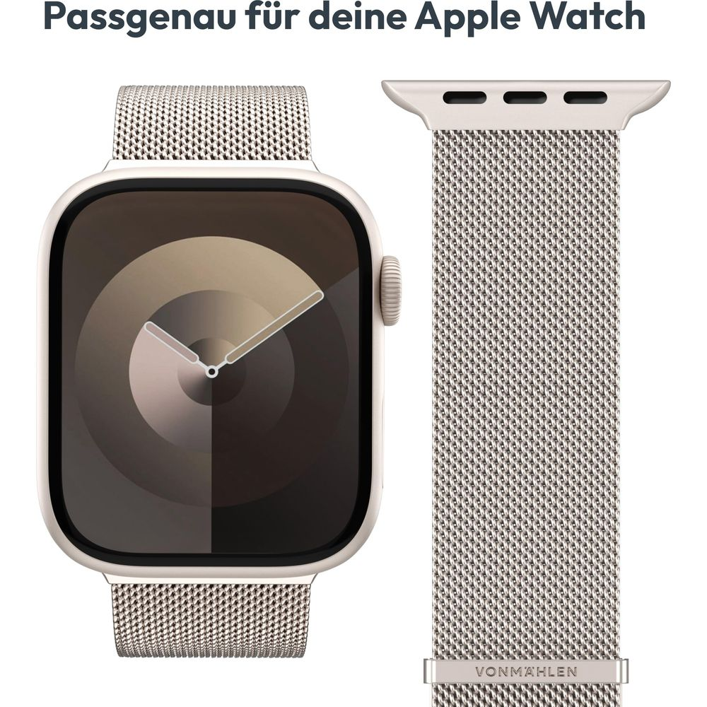 Apple Watch avec bracelet métallique clair et bracelet de rechange assorti.