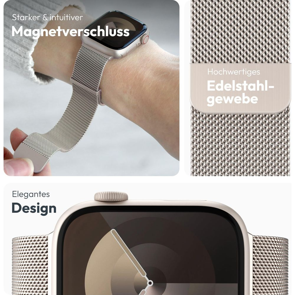 Montre connectée dorée avec bracelet milanais, fermeture magnétique.