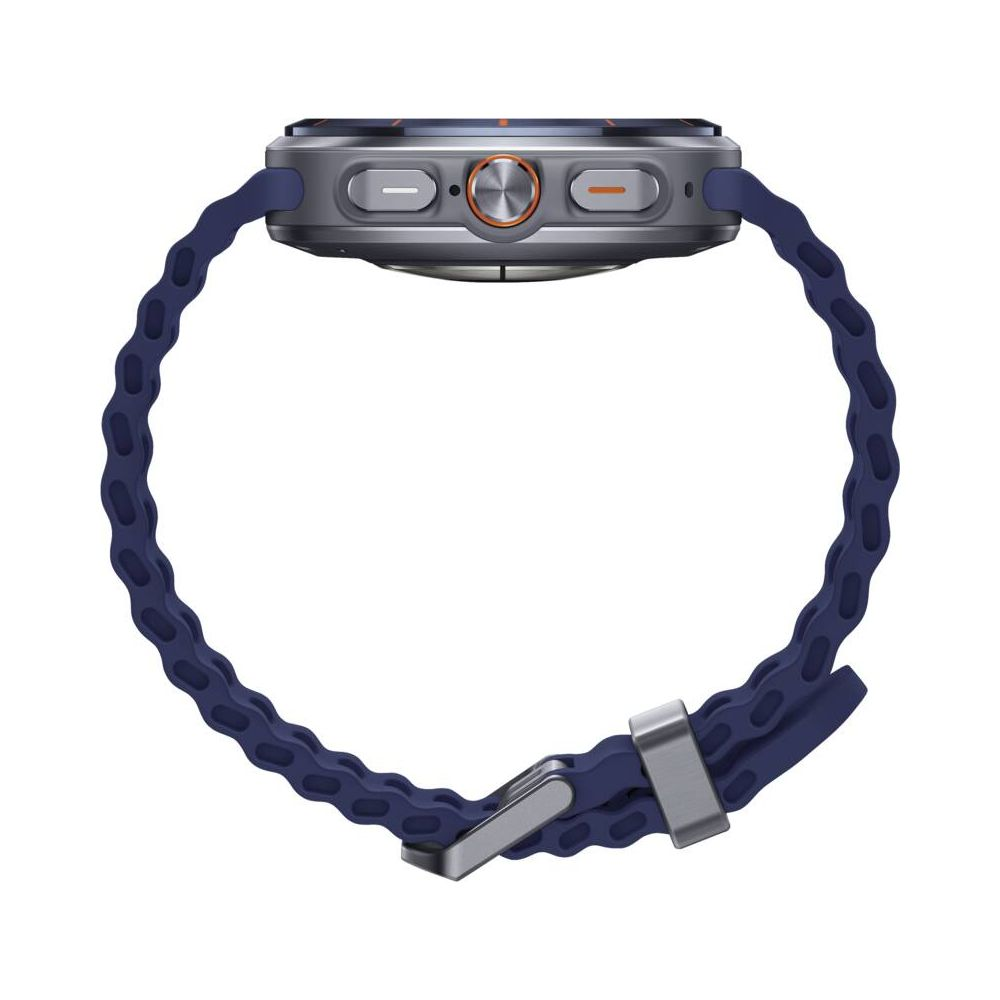 Smartwatch grigio con cinturino blu e fibbia argentata.