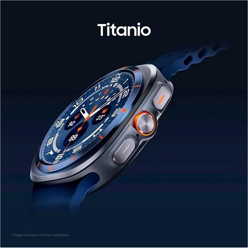 Uno smartwatch grigio con cinturino blu e accenti arancioni su sfondo scuro.