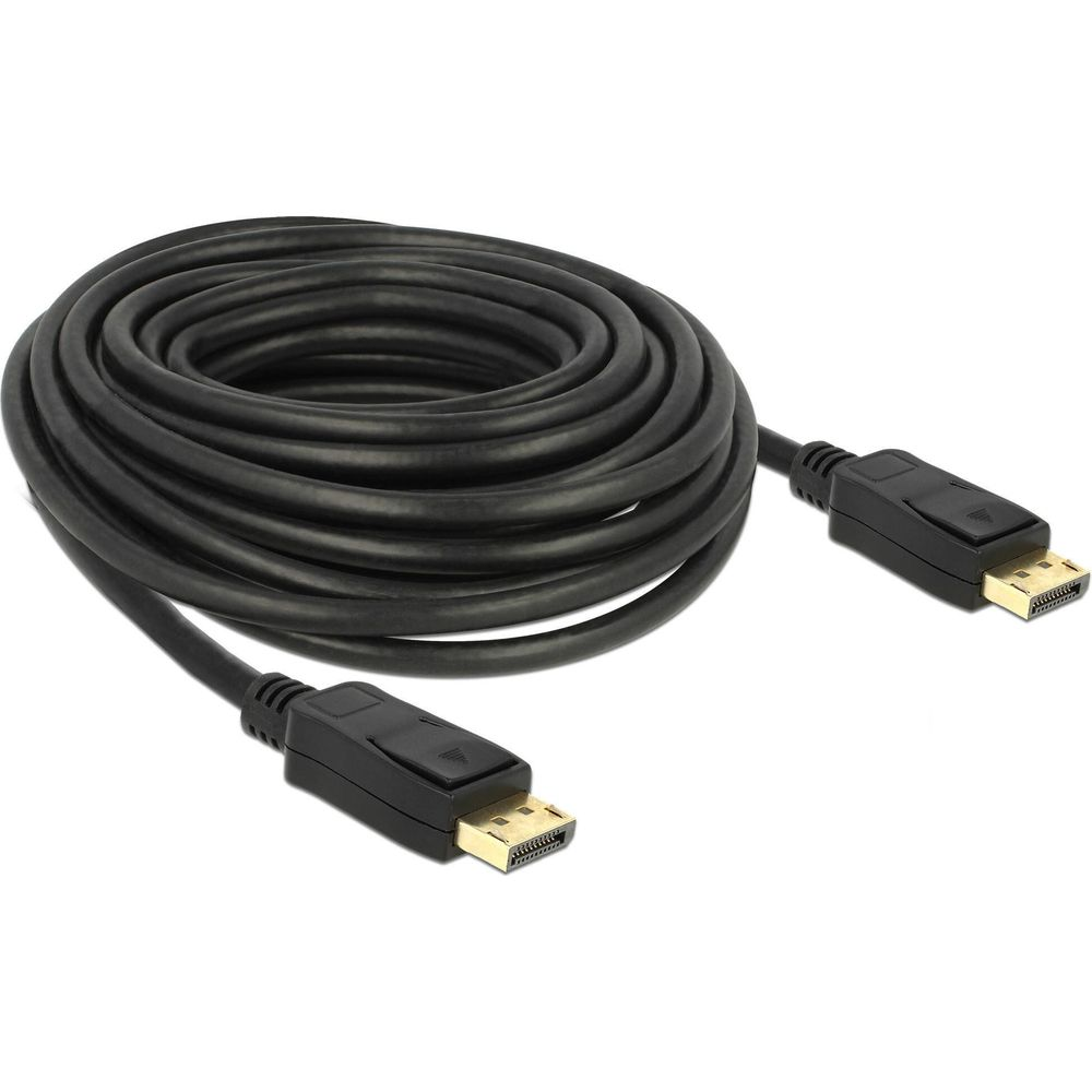 Zwijany czarny kabel DisplayPort z dwoma złączami. Białe tło.