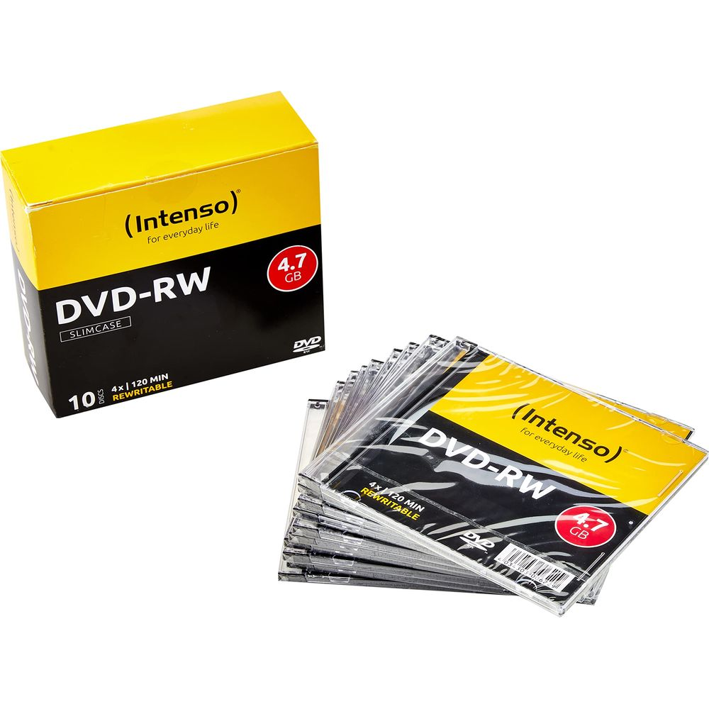 Una caja y pila de discos Intenso DVD-RW de 4,7 GB de capacidad.