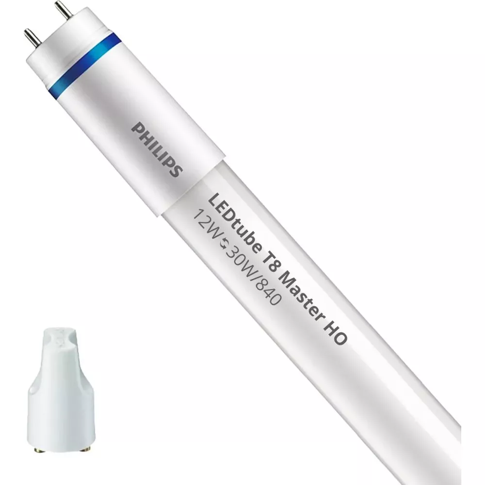 Un tubo LED Philips bianco con accenti blu e una base bianca.