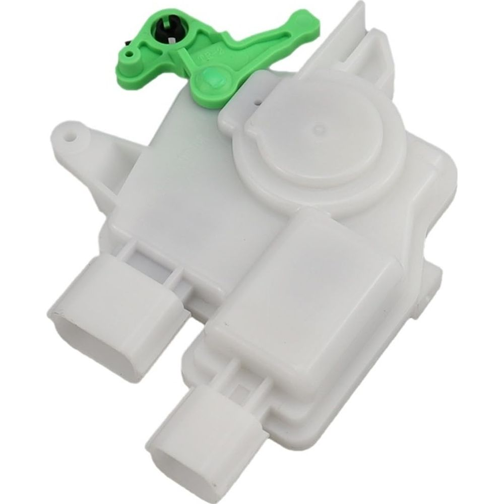Ein weißer Türschlossmechanismus mit einem grünen Hebel und schwarzen Akzenten.