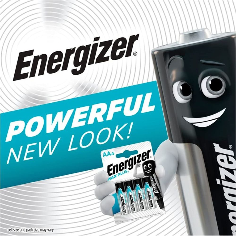 Personnage de pile Energizer tenant un paquet de piles AA. Texte : POWERFUL NEW LOOK!