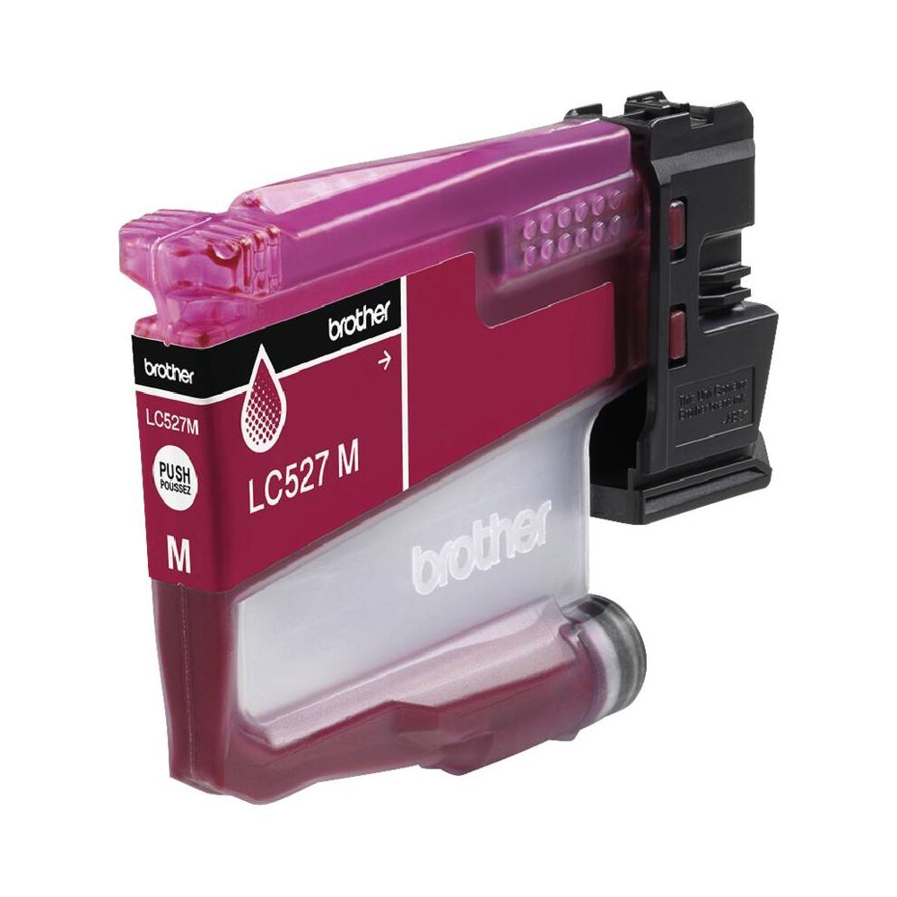 Magentny wkład atramentowy Brother LC527M z widocznym tuszem i czarnym złączem.