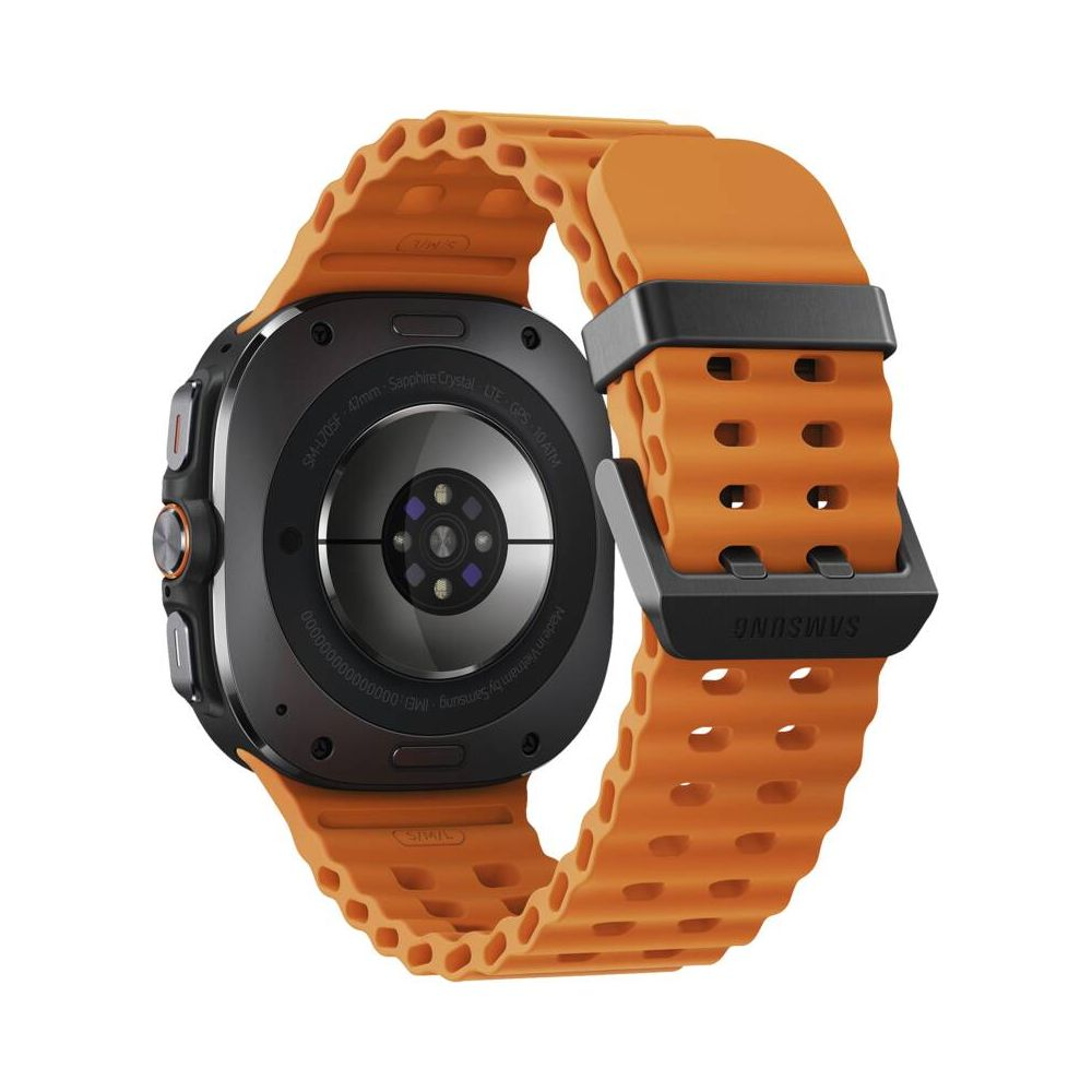 Uno smartwatch arancione con cassa e cinturino neri. Il retro è visibile.